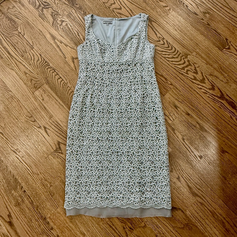 Vintage Anne Klein Silver Metallic Lace Dress Sweetheart Neck Sleeveless Sz 10